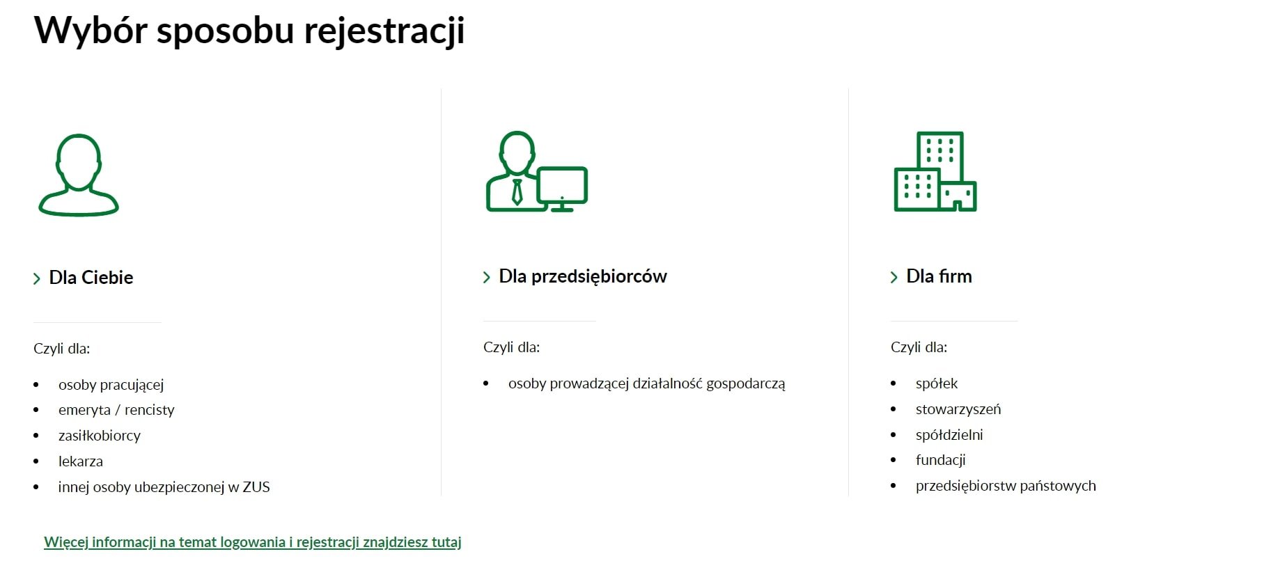 wybór rejestracji zus